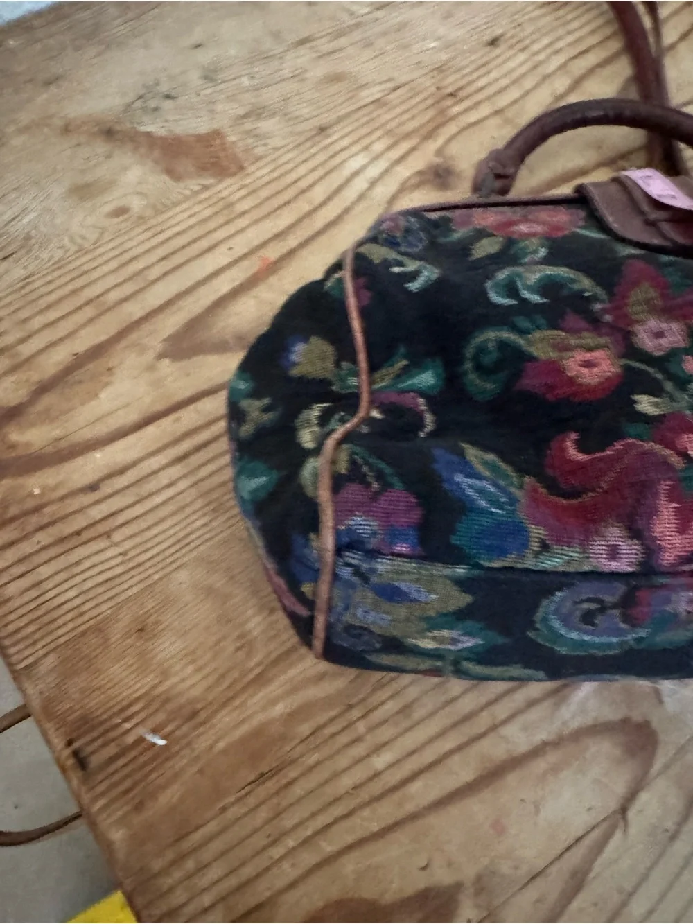 Liz Claiborne Black Floral Tapestry Satchel with Brown Trim small